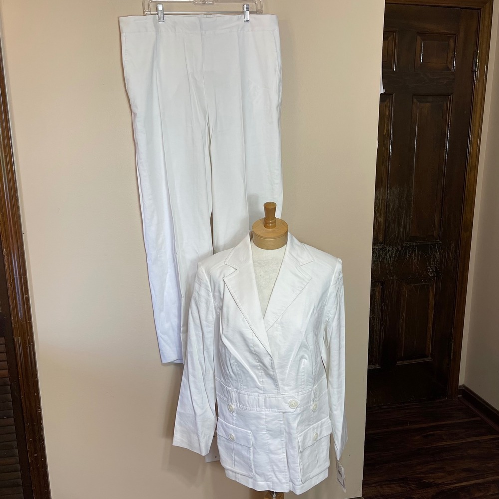 NEW Sutton Studio Womens White Linen Blend 2 Pc Pant Suit Blazer & Trousers 14